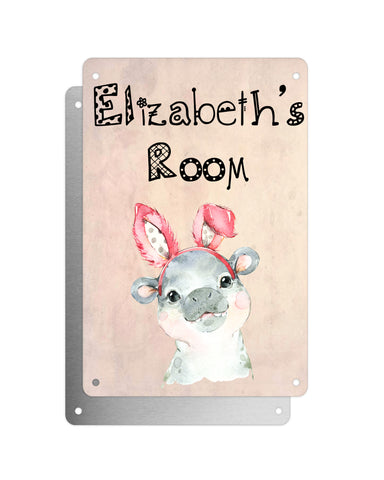 Cute Animal Personalised Name Plaque – Baby Hippo With Bunny Ears | Vintage-Style Aluminium Sign for Kids’ Room