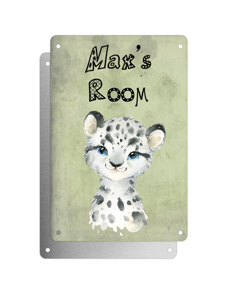 Cute Animal Personalised Name Plaque – Baby Leopard | Vintage-Style Green Aluminium Sign for Kids’ Room