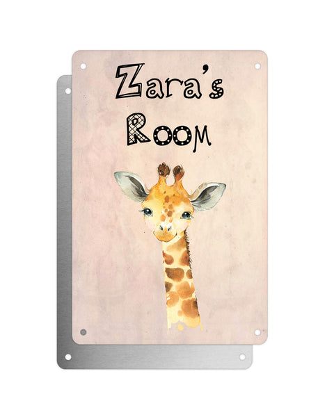 Cute Animal Personalised Name Plaque – Baby Giraffe | Vintage-Style Aluminium Sign for Kids’ Room