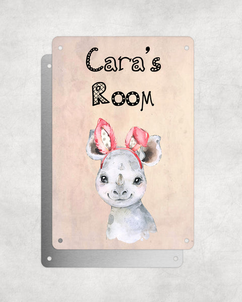Cute Animal Personalised Name Plaque – Baby Rhino With Bunny Ears | Vintage-Style Aluminium Sign for Kids’ Room