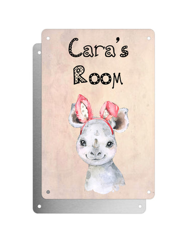 Cute Animal Personalised Name Plaque – Baby Rhino With Bunny Ears | Vintage-Style Aluminium Sign for Kids’ Room