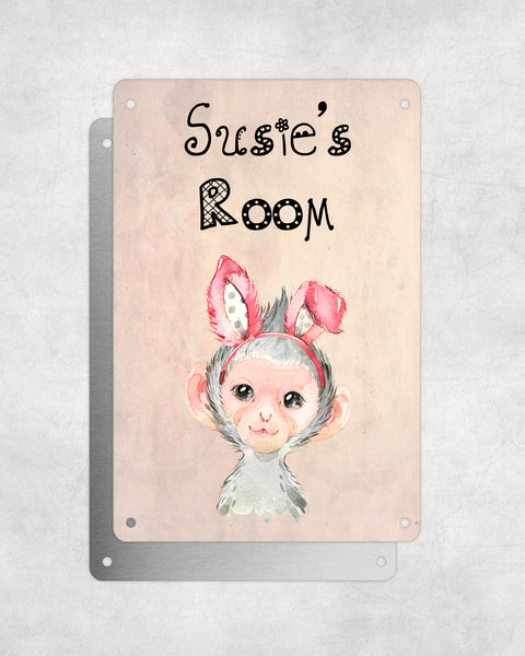 Cute Animal Personalised Name Plaque – Baby Monkey With Bunny Ears | Vintage-Style Aluminium Sign for Kids’ Room