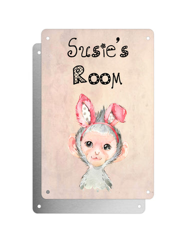 Cute Animal Personalised Name Plaque – Baby Monkey With Bunny Ears | Vintage-Style Aluminium Sign for Kids’ Room