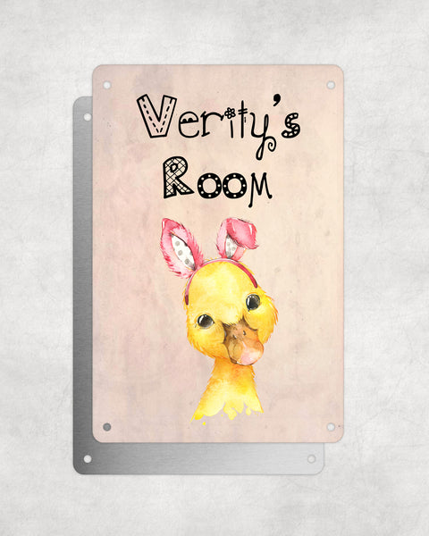 Cute Animal Personalised Name Plaque – Baby Duck With Bunny Ears | Vintage-Style Aluminium Sign for Kids’ Room