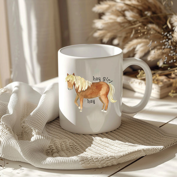 Hay Girl Hay, Funny Birthday Gift with Brown Horse Design, Personalised Mug