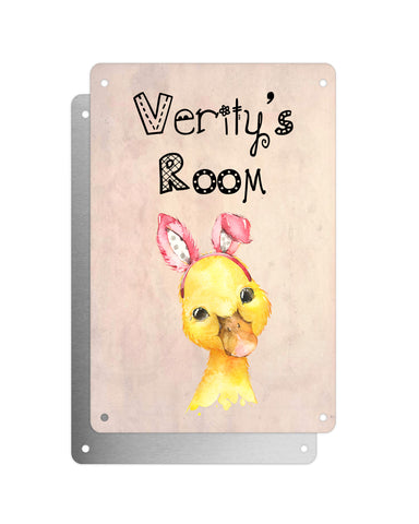 Cute Animal Personalised Name Plaque – Baby Duck With Bunny Ears | Vintage-Style Aluminium Sign for Kids’ Room
