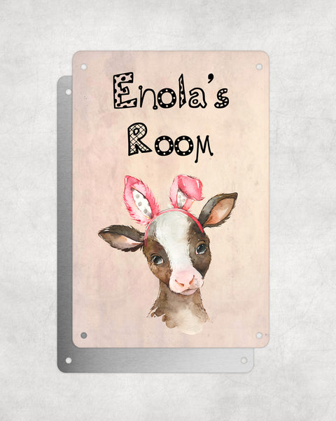 Cute Animal Personalised Name Plaque – Baby Calf With Bunny Ears | Vintage-Style Aluminium Sign for Kids’ Room