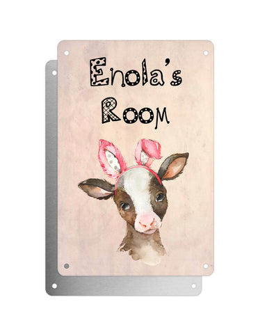 Cute Animal Personalised Name Plaque – Baby Calf With Bunny Ears | Vintage-Style Aluminium Sign for Kids’ Room