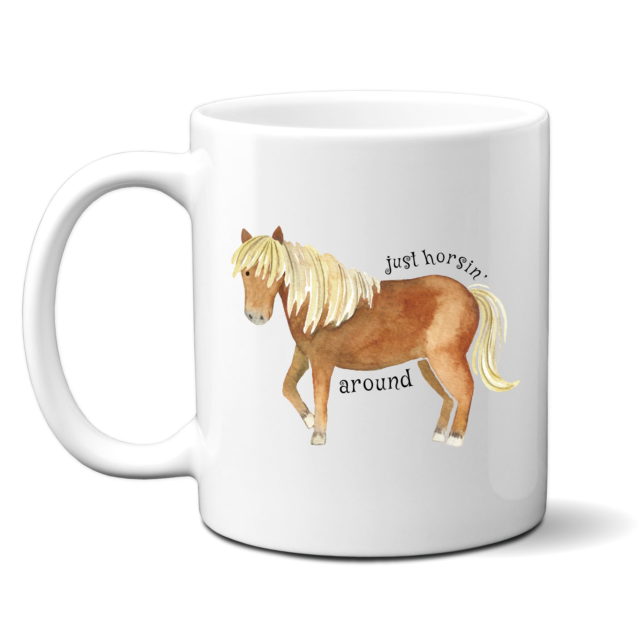 Just Horsin' Around, Funny Birthday Gift with Brown Horse Design, Personalised Mug