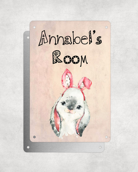 Cute Animal Personalised Name Plaque – Baby Rabbit With Bunny Ears | Vintage-Style Aluminium Sign for Kids’ Room