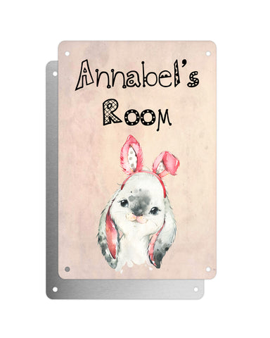 Cute Animal Personalised Name Plaque – Baby Rabbit With Bunny Ears | Vintage-Style Aluminium Sign for Kids’ Room