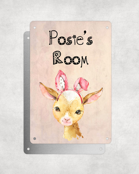 Cute Animal Personalised Name Plaque – Baby Goat With Bunny Ears | Vintage-Style Aluminium Sign for Kids’ Room