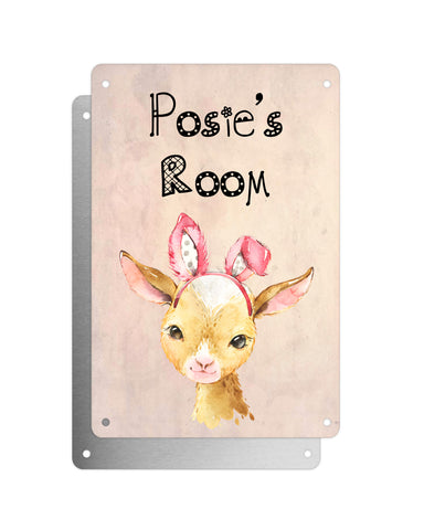 Cute Animal Personalised Name Plaque – Baby Goat With Bunny Ears | Vintage-Style Aluminium Sign for Kids’ Room