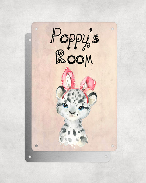 Cute Animal Personalised Name Plaque – Baby Leopard With Bunny Ears | Vintage-Style Aluminium Sign for Kids’ Room