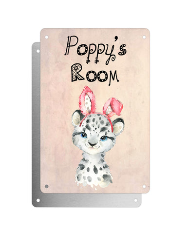 Cute Animal Personalised Name Plaque – Baby Leopard With Bunny Ears | Vintage-Style Aluminium Sign for Kids’ Room