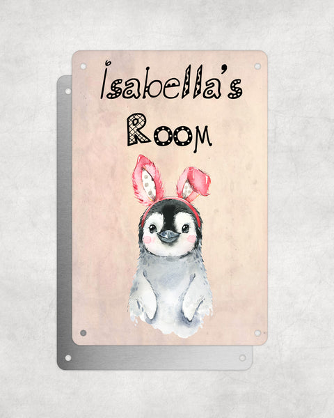 Cute Animal Personalised Name Plaque – Baby Penguin With Bunny Ears | Vintage-Style Aluminium Sign for Kids’ Room