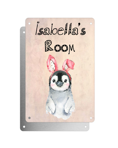 Cute Animal Personalised Name Plaque – Baby Penguin With Bunny Ears | Vintage-Style Aluminium Sign for Kids’ Room