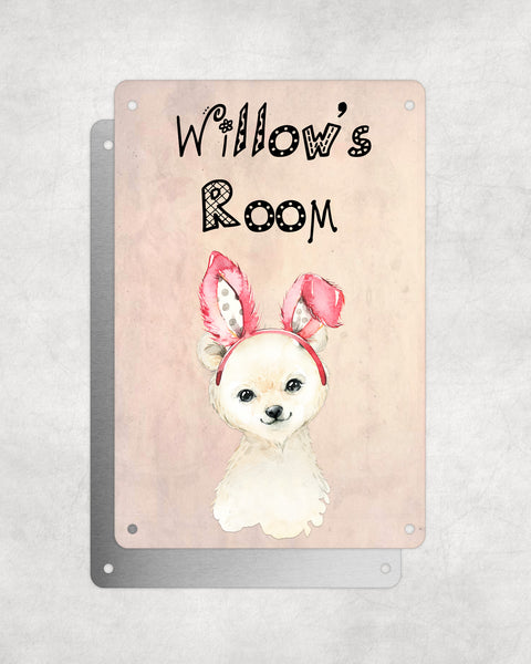 Cute Animal Personalised Name Plaque – Little Polar Bear With Bunny Ears | Vintage-Style Aluminium Sign for Kids’ Room