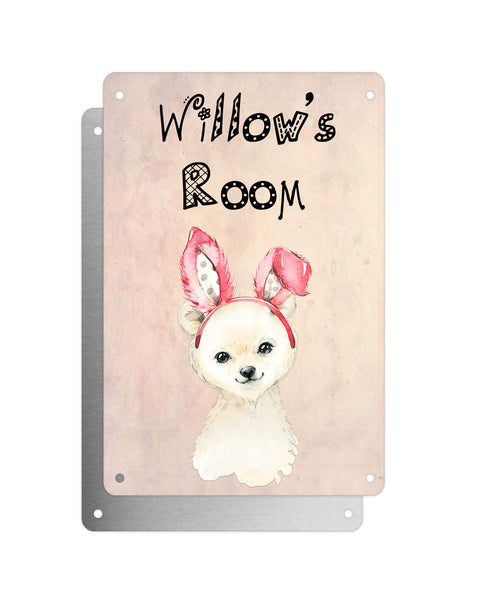 Cute Animal Personalised Name Plaque – Little Polar Bear With Bunny Ears | Vintage-Style Aluminium Sign for Kids’ Room
