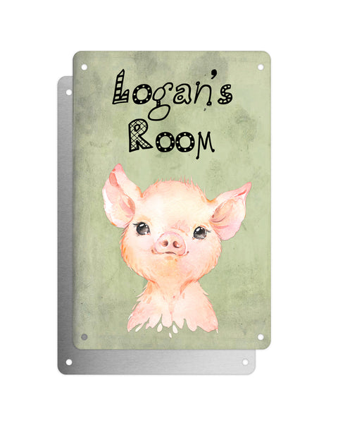 Cute Animal Personalised Name Plaque – Baby Pig | Vintage-Style Green Aluminium Sign for Kids’ Room