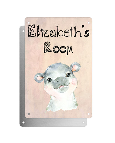 Cute Animal Personalised Name Plaque – Baby Hippo | Vintage-Style Aluminium Sign for Kids’ Room