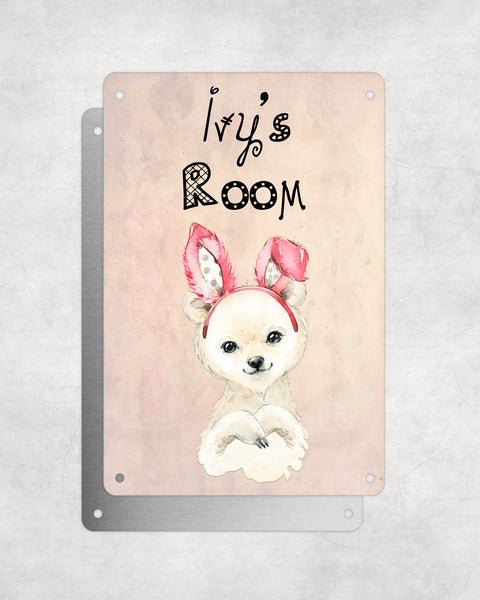 Cute Animal Personalised Name Plaque – Baby Polar Bear With Bunny Ears | Vintage-Style Aluminium Sign for Kids’ Room