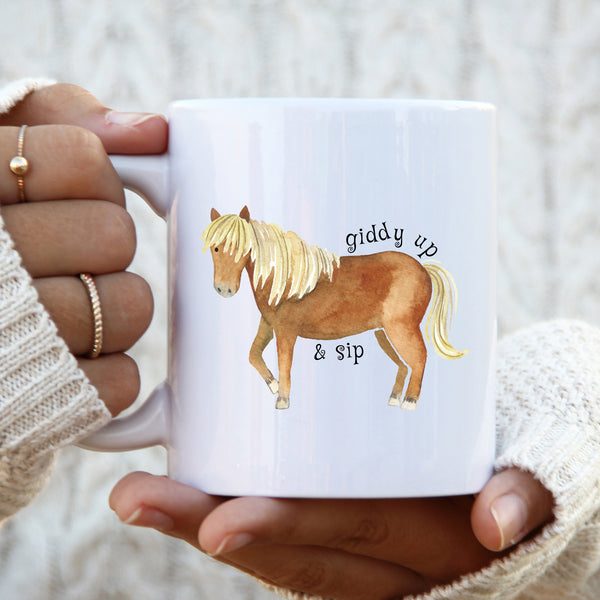 Giddy Up and Sip, Funny Birthday Gift with Brown Horse Design, Personalised Mug