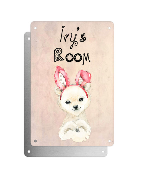 Cute Animal Personalised Name Plaque – Baby Polar Bear With Bunny Ears | Vintage-Style Aluminium Sign for Kids’ Room