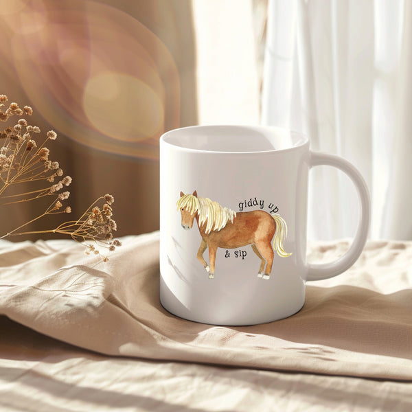 Giddy Up and Sip, Funny Birthday Gift with Brown Horse Design, Personalised Mug