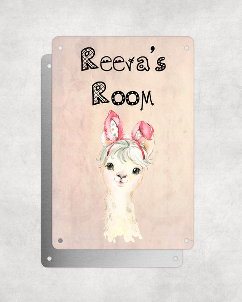 Cute Animal Personalised Name Plaque – Little White Llama With Bunny Ears | Vintage-Style Aluminium Sign for Kids’ Room