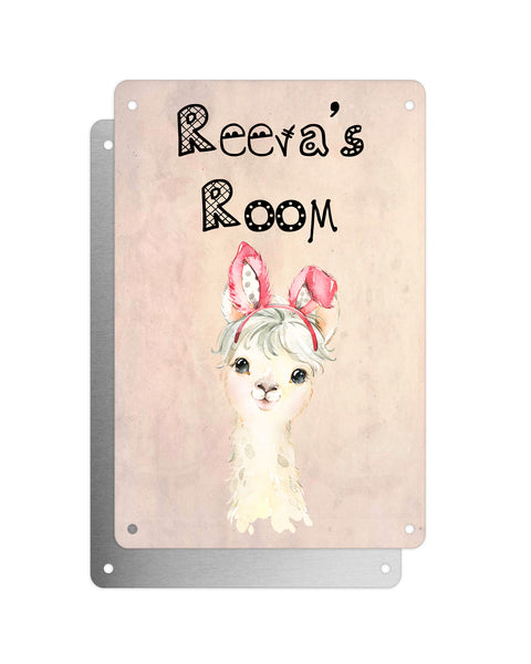 Cute Animal Personalised Name Plaque – Little White Llama With Bunny Ears | Vintage-Style Aluminium Sign for Kids’ Room