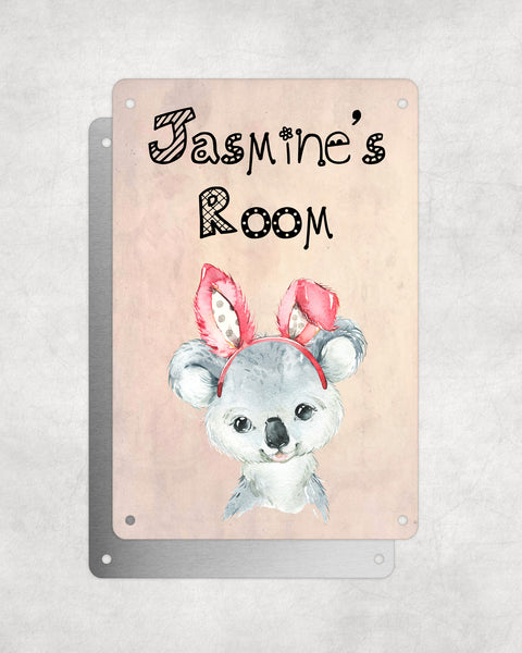 Cute Animal Personalised Name Plaque – Baby Koala With Bunny Ears | Vintage-Style Aluminium Sign for Kids’ Room