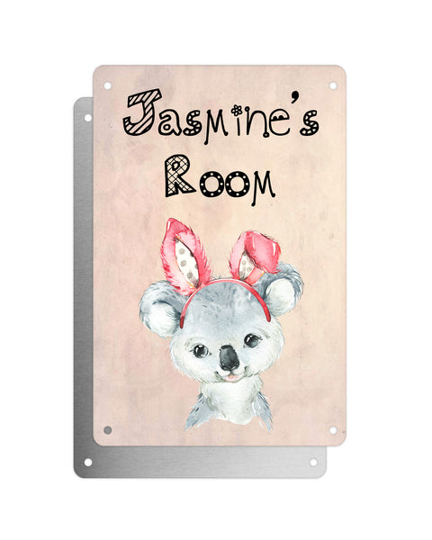 Cute Animal Personalised Name Plaque – Baby Koala With Bunny Ears | Vintage-Style Aluminium Sign for Kids’ Room