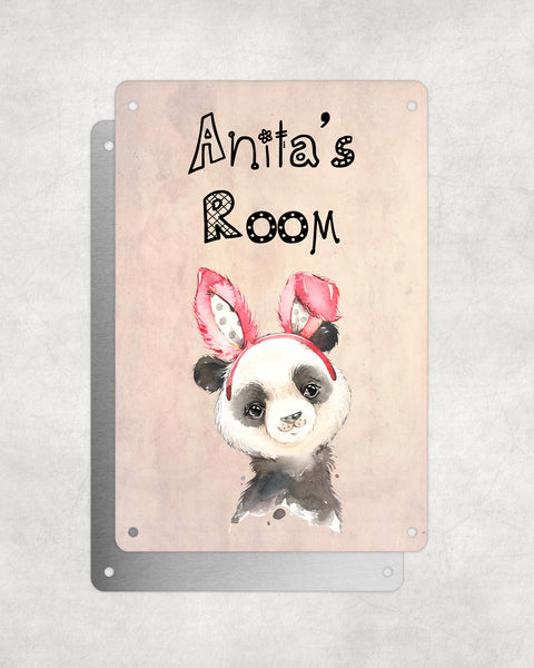 Cute Animal Personalised Name Plaque – Baby Panda With Bunny Ears | Vintage-Style Aluminium Sign for Kids’ Room