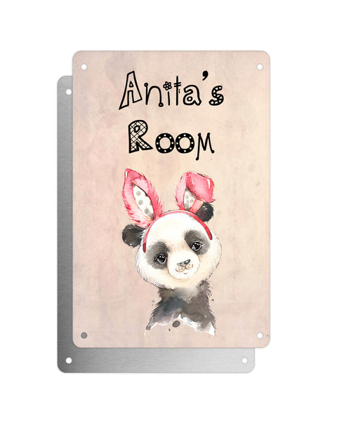 Cute Animal Personalised Name Plaque – Baby Panda With Bunny Ears | Vintage-Style Aluminium Sign for Kids’ Room