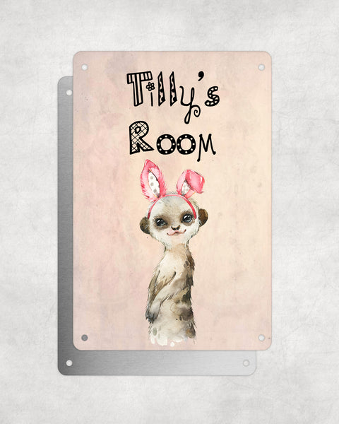 Cute Animal Personalised Name Plaque – Baby Meerkat With Bunny Ears | Vintage-Style Aluminium Sign for Kids’ Room