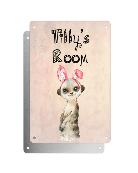 Cute Animal Personalised Name Plaque – Baby Meerkat With Bunny Ears | Vintage-Style Aluminium Sign for Kids’ Room