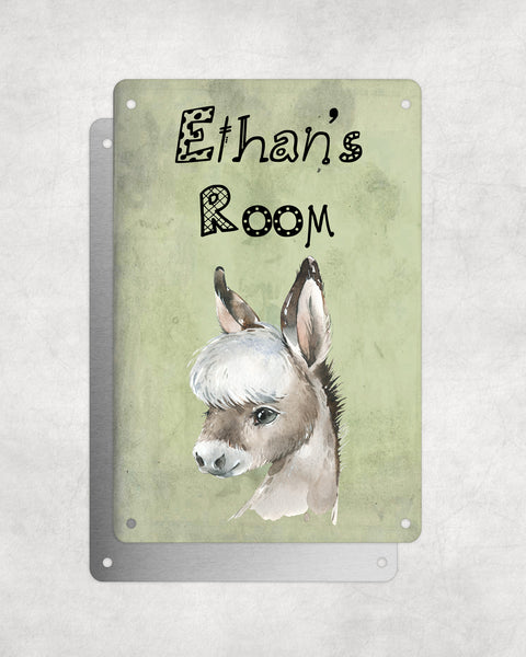 Cute Animal Personalised Name Plaque – Baby Donkey | Vintage-Style Green Aluminium Sign for Kids’ Room