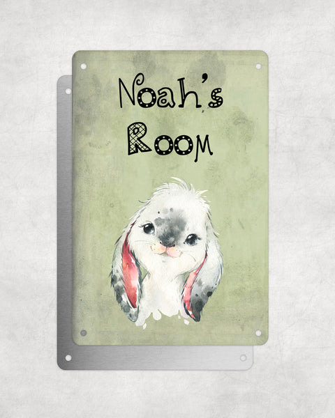 Cute Animal Personalised Name Plaque – Baby Rabbit | Vintage-Style Green Aluminium Sign for Kids’ Room