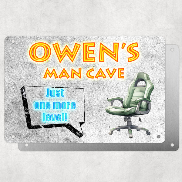 Boys Personalised Bedroom Plaque – "Man Cave | Just One More Level" – Aluminium Metal Sign | Gaming Chair Design | Gift for Him