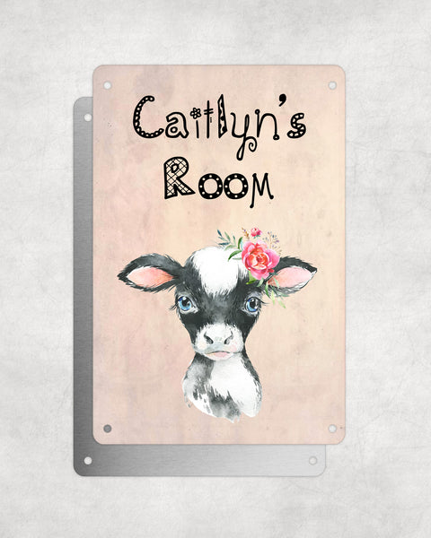 Cute Animal Personalised Name Plaque – Baby Cow with Flower | Vintage-Style Aluminium Sign for Kids’ Room