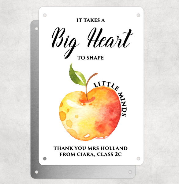Personalised Teacher Tribute Aluminium Plaque –'It Takes A Big Heart To Shape Little Minds' with Apple Graphic, Leaving Gift