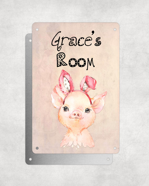 Cute Animal Personalised Name Plaque – Baby Pig With Bunny Ears | Vintage-Style Aluminium Sign for Kids’ Room