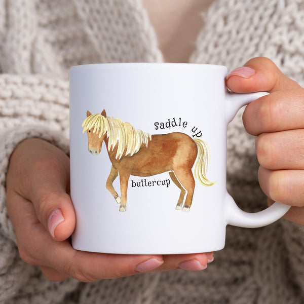 Saddle Up Buttercup, Funny Birthday Gift with Brown Horse Design, Personalised Mug