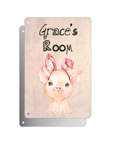 Cute Animal Personalised Name Plaque – Baby Pig With Bunny Ears | Vintage-Style Aluminium Sign for Kids’ Room