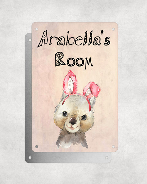 Cute Animal Personalised Name Plaque – Baby Wombat With Bunny Ears | Vintage-Style Aluminium Sign for Kids’ Room