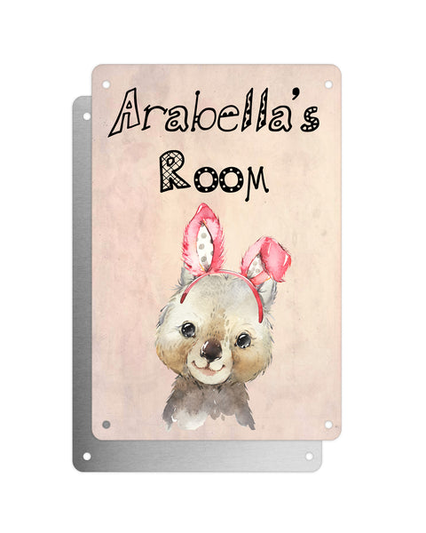 Cute Animal Personalised Name Plaque – Baby Wombat With Bunny Ears | Vintage-Style Aluminium Sign for Kids’ Room