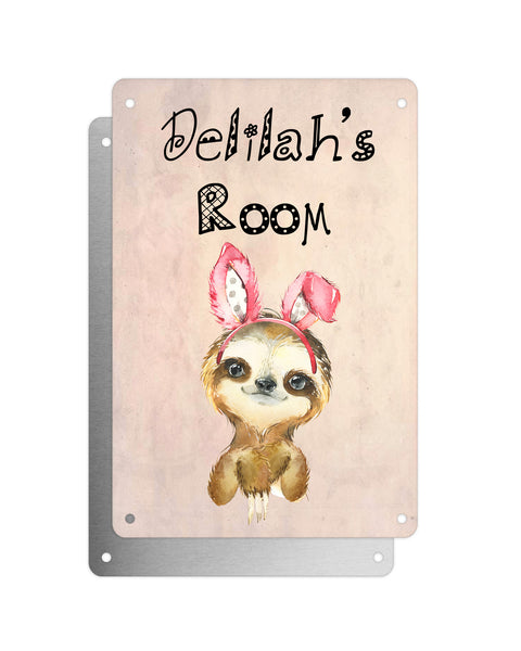 Cute Animal Personalised Name Plaque – Little Sloth With Bunny Ears | Vintage-Style Aluminium Sign for Kids’ Room