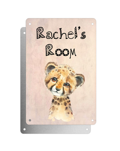 Cute Animal Personalised Name Plaque – Baby Cheetah | Vintage-Style Aluminium Sign for Kids’ Room