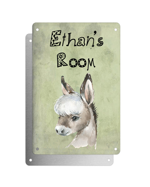 Cute Animal Personalised Name Plaque – Baby Donkey | Vintage-Style Green Aluminium Sign for Kids’ Room